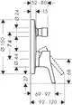 Technisches Diagramm eines Einhebel-Wannenmischers von Hansgrohe mit Maßangaben und spezifischen Entwurfselementen, dargestellt in Seitenansicht.